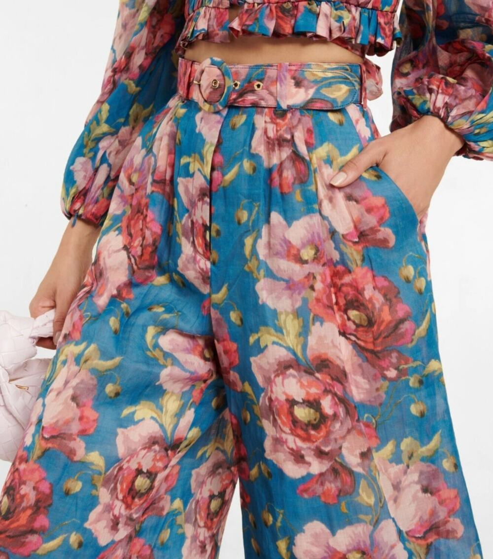 Zimmermann Floral High Rise Wide Leg Ramie Pants Belted Teal Pink AU 0 / US 4